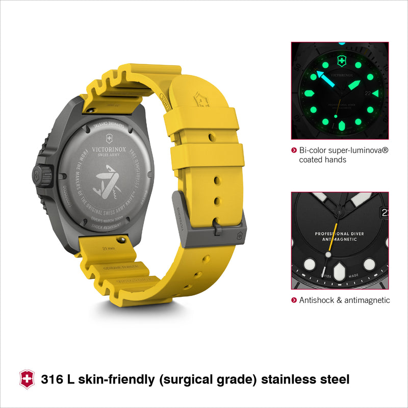 Victorinox Dive Pro, Black Dial, 43 mm, Yellow Rubber Strap, Large Swiss Made Quartz Watch