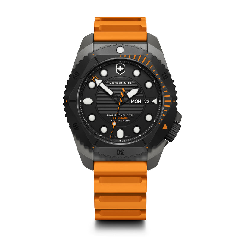 Victorinox Dive Pro Automatic, Black Dial, 43 mm, Orange Rubber Strap, Large Swiss Made Watch