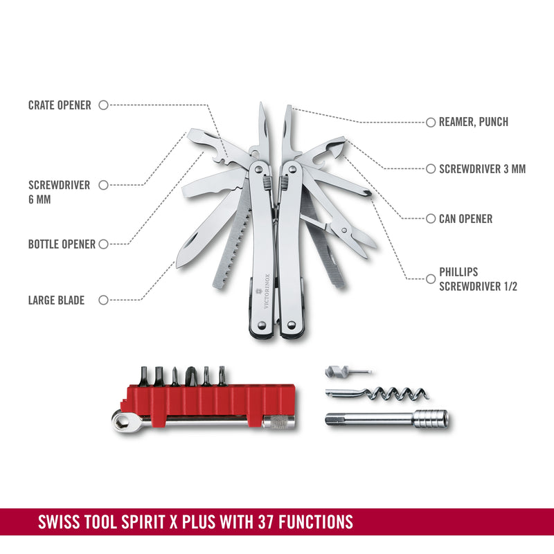 Swiss Tool Spirit X Plus ratchet with leather pouch 37 Functions 105 mm Silver