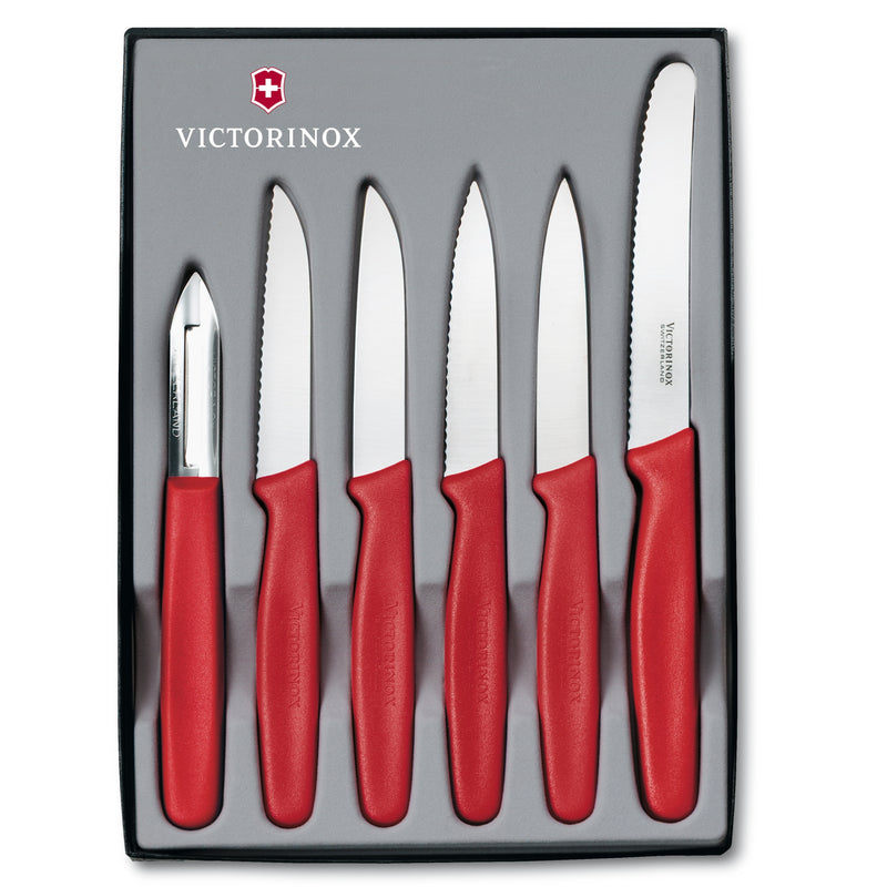 Victorinox "Standard Line" 5 Knives/1 Peeler Set-One 11cm Wavy Edge, Four 8 cm Straight Edge, Red