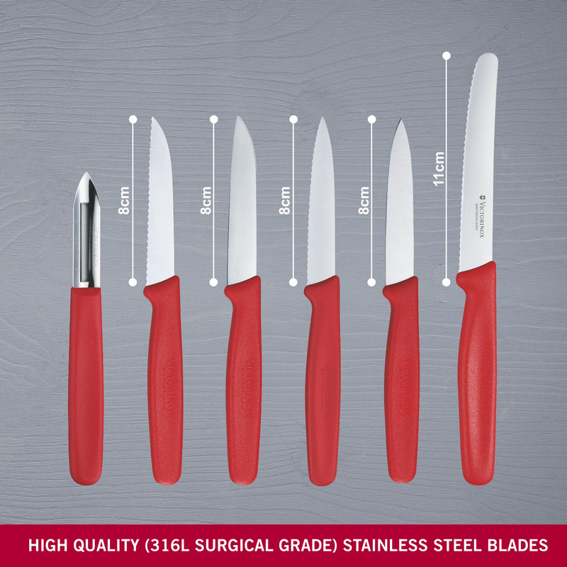 Victorinox "Standard Line" 5 Knives/1 Peeler Set-One 11cm Wavy Edge, Four 8 cm Straight Edge, Red