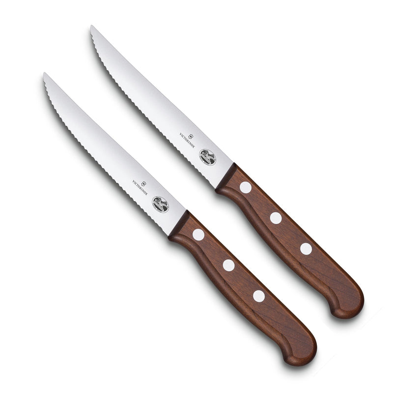Victorinox set of 2, Steak & Pizza Knives for Vegetable Chopping, Wavy Edge, 12 cm, Maple Wood, Swiss Made
