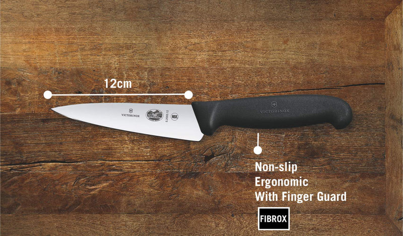 Victorinox Swiss Fibrox Carving Knife, Stainless Steel Vegetable & Fruit Cutting Straight Blade Knife, Black, 12 cm, Swiss Made