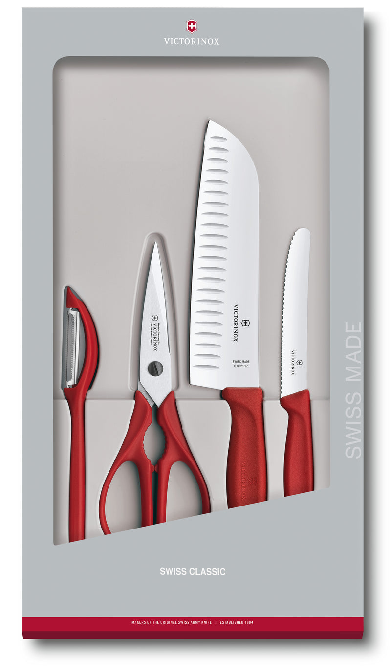 Victorinox Swiss Classic Stainless Steel Knife Set of 4-Cutting, Chopping & Peeling Knives, Red