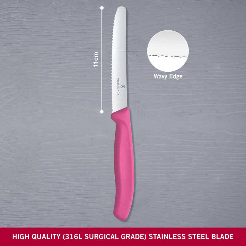 Victorinox Stainless Steel Kitchen Knife,"Swiss Classic" 11 cm Round Tip Wavy Edge,Pink, Swiss Made