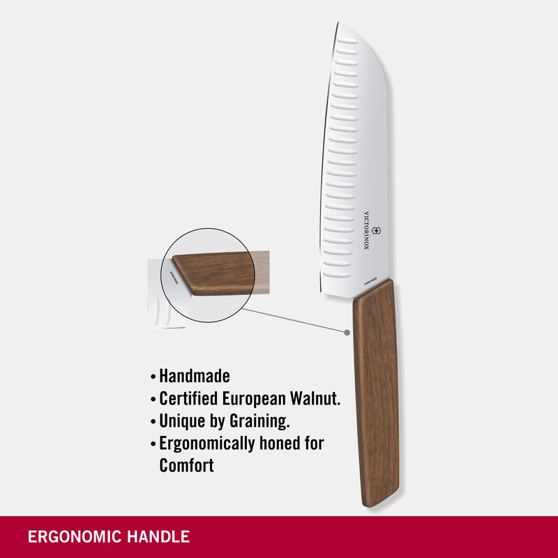 Victorinox Swiss Modern Stainless Steel Santoku Knife, Fluted Edge, Walnut, 17 cm, Swiss Made