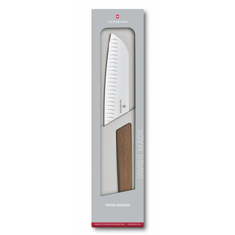 Victorinox Swiss Modern Stainless Steel Santoku Knife, Fluted Edge, Walnut, 17 cm, Swiss Made