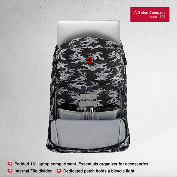 Wenger CRANGO 16" Laptop Backpack with Organizer for essentials in Black Camo (27 Litre)-Swiss designed