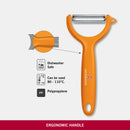 Victorinox Swiss Made, Stainless Steel Multipurpose Peeler, Serrated/Wavy Double Edge, Orange, Peel Tomato Kiwi