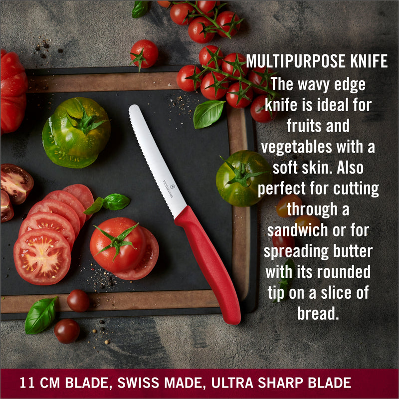 Victorinox Swiss Classic Kitchen Knife Set of 2-Wavy Edge Knife & Traditional Peeler,Red,Swiss Made