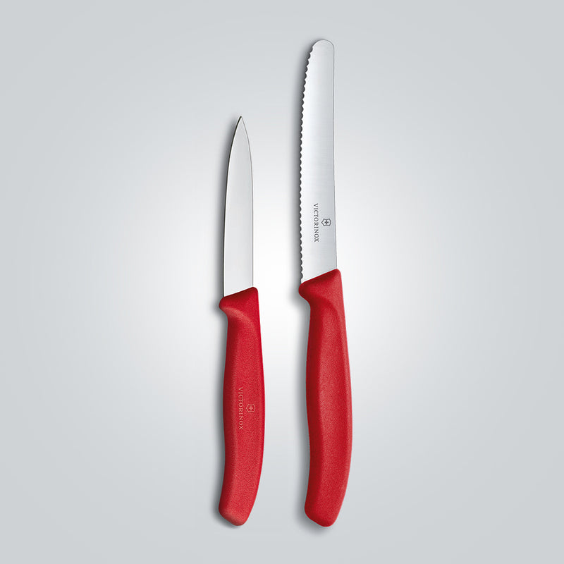 Victorinox Swiss Classic Stainless Steel Kitchen Knife Set of 2, Straight & Wavy Edge Knives, Red