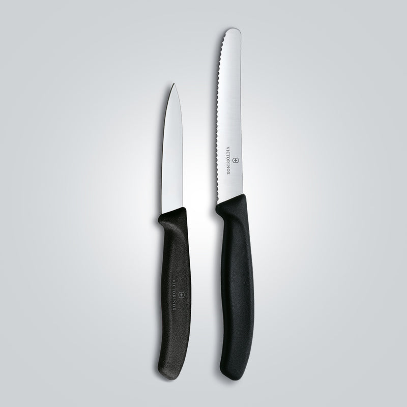 Victorinox Swiss Classic Stainless Steel Kitchen Knife Set of 2, Straight & Wavy Edge Knives, Black, Swiss made