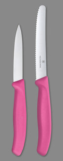 Victorinox Swiss Made Kitchen Knife, Set of 2, Sharp Stainless Steel Straight Edge and Wavy Edge, Pink