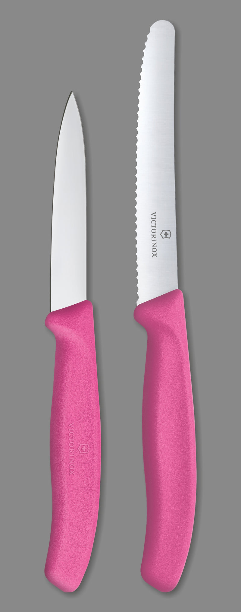 Victorinox Kitchen Knife, Set of 2, Sharp Stainless Steel Straight Edge and Wavy Edge, Pink, Swiss Made