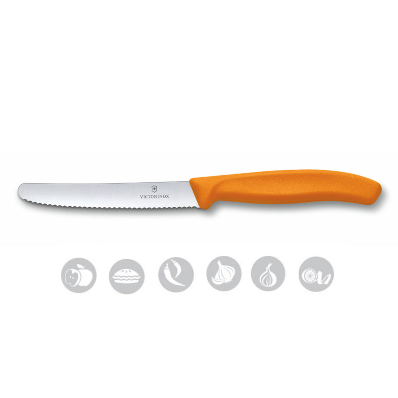 Victorinox Kitchen Knife, Set of 2, Stainless Steel Straight Edge and Wavy Edge Knives, Orange, Swiss Made