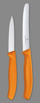 Victorinox Swiss Made Kitchen Knife, Set of 2, Stainless Steel Straight Edge and Wavy Edge Knives, Orange