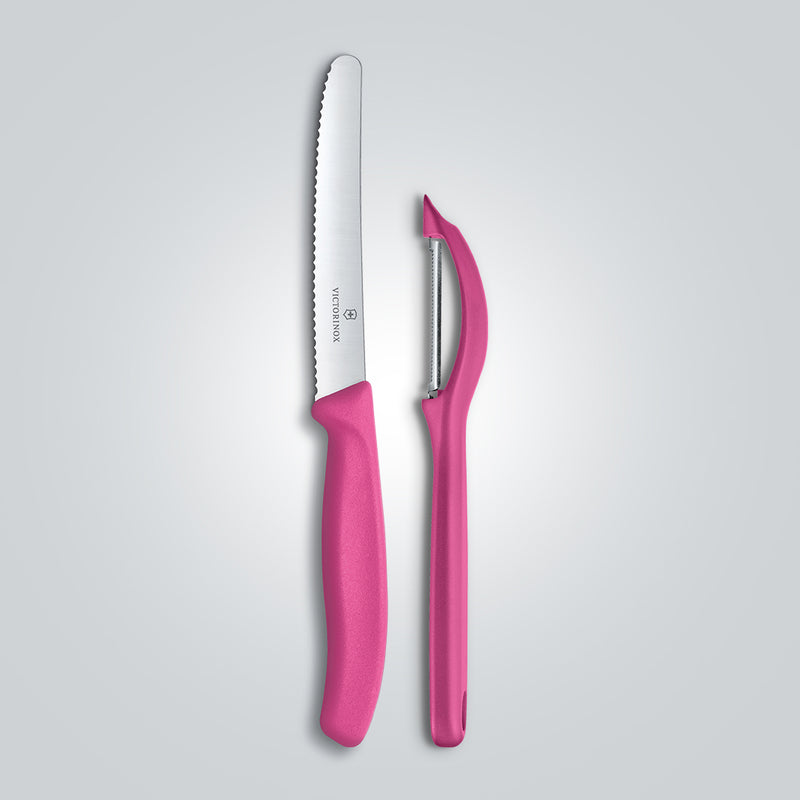 Victorinox Swiss Classic Kitchen Knife Set of 2-Wavy Edge Knife & Universal Peeler,Pink,Swiss Made