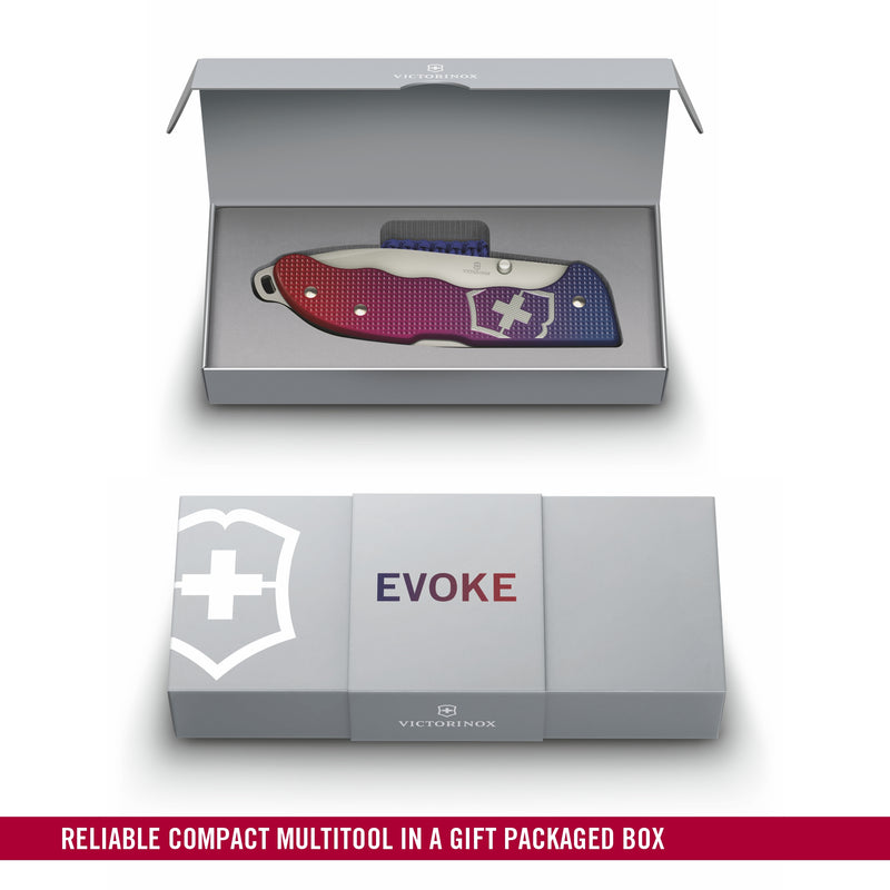Victorinox Swiss Army Knife, Evoke Alox,  Folding, Large (136 mm) Silver Blade, Drop-Point Matte, Blue Handle Pocket Knife