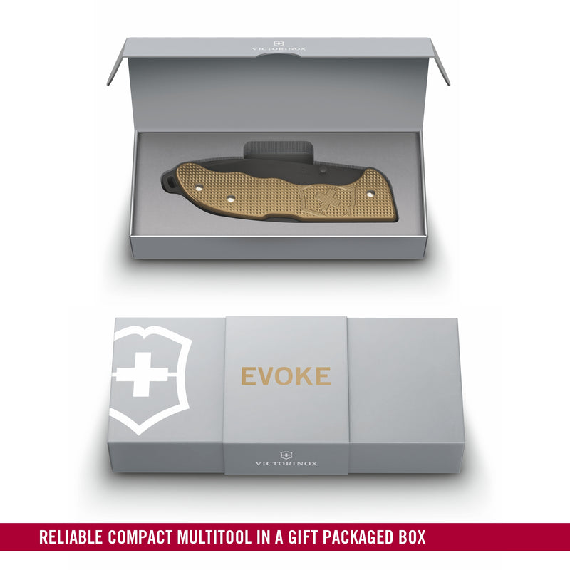 Victorinox Swiss Army Knife, Evoke Alox, Folding, Large (136 mm) Black Drop-Point Blade, Brown Handle | Pocket Knife