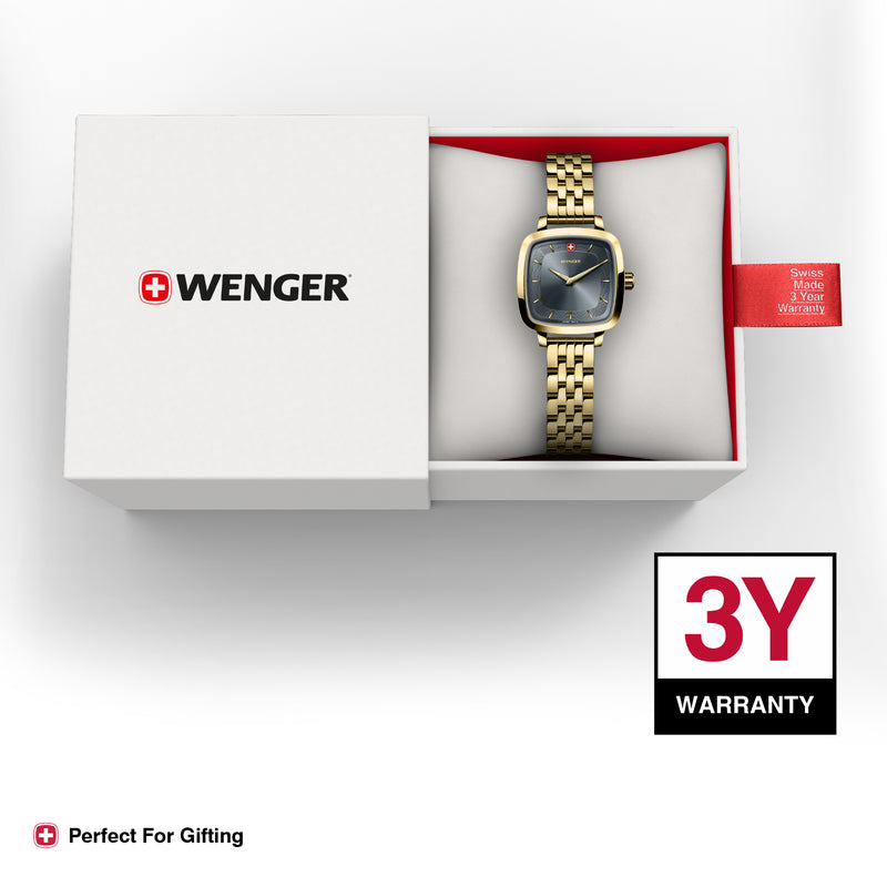 Wenger Vintage Classic Swiss-Made Analog Women's Wrist Watch, Gold PVD Squircle Case Black Dial, 27mm