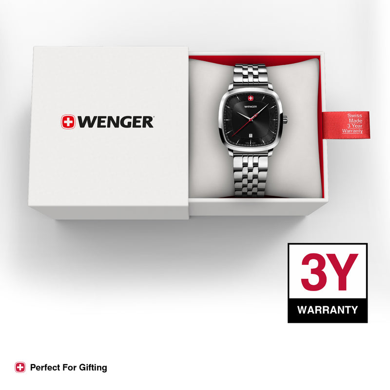 Wenger Vintage Classic | Swiss-Made Analog Men's Wrist Watch, Squircle Case, Black Dial, 37mm