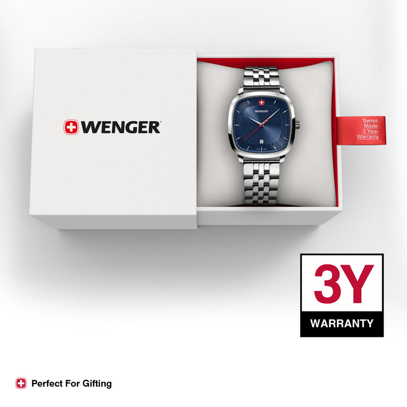 Wenger Vintage Classic Swiss-Made Analog Men's Wrist Watch, Squircle Case, Blue Dial, 37mm