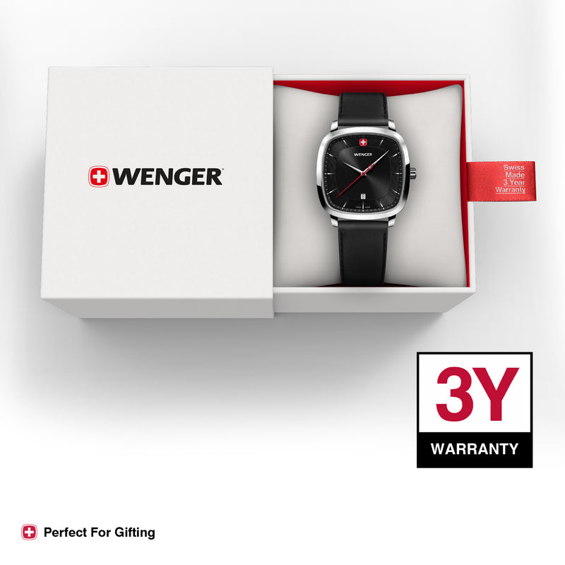 Wenger Vintage Classic Swiss-Made Analog Men's Wrist Watch, Squircle Case, Black Dial, 37mm