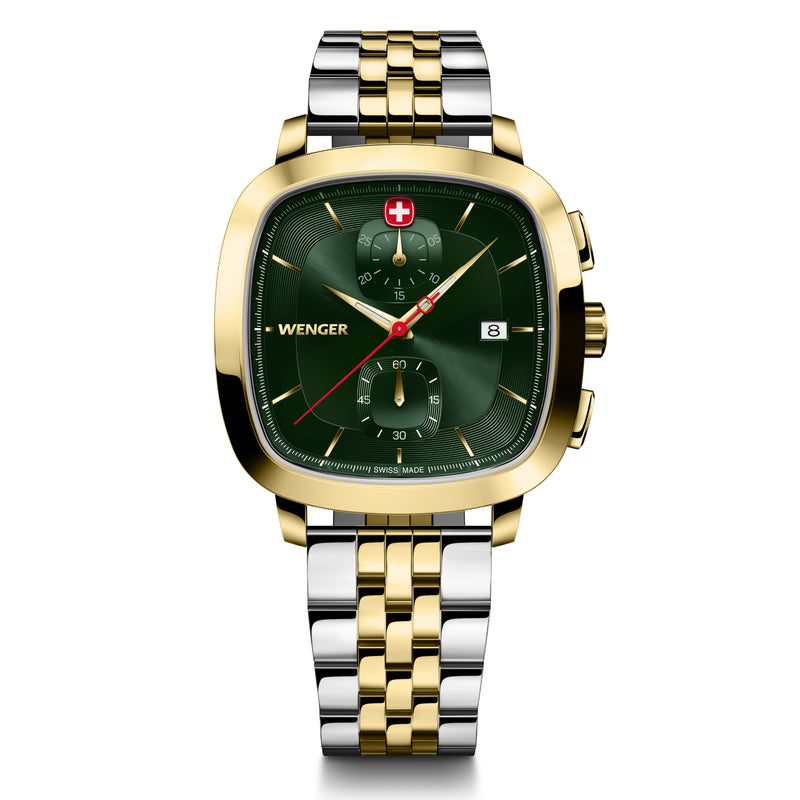 Wenger Vintage Classic Chrono Swiss-Made Men's Chronograph Wrist Watch Squircle Case, Quartz, Green Dial, 40mm