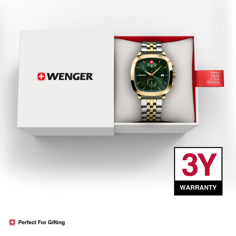 Wenger Vintage Classic Chrono Swiss-Made Men's Chronograph Wrist Watch Squircle Case, Quartz, Green Dial, 40mm