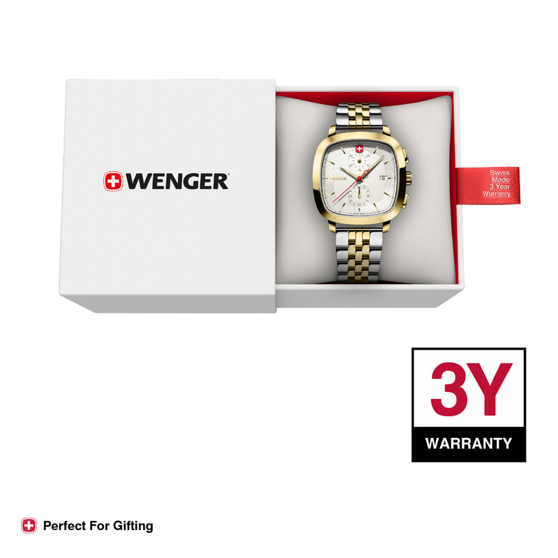 Wenger Vintage Classic Chrono Swiss-Made Men's Chronograph Wrist Watch Squircle Case, Quartz, White Dial, 40mm