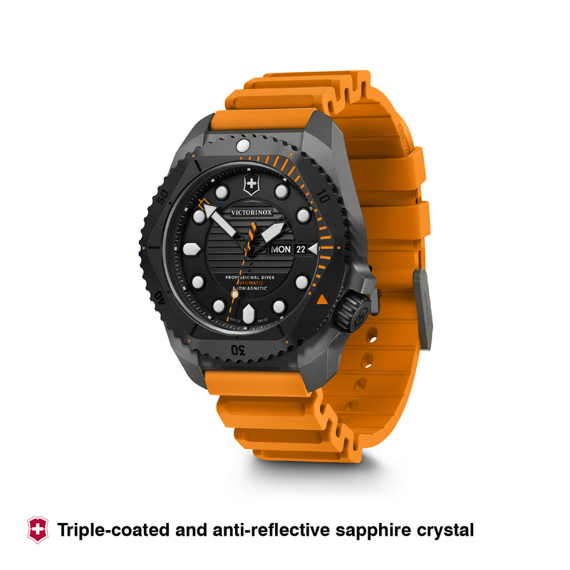 Victorinox Dive Pro Automatic Swiss Made, Black Dial, 43 mm, Orange Rubber Strap, Large Watch