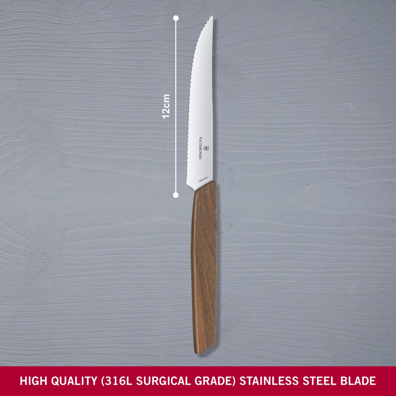 Victorinox Swiss Modern Stainless Steel Steak Knife 2 pieces Set Wavy Edge 12 cm Walnut Wood Swiss Made