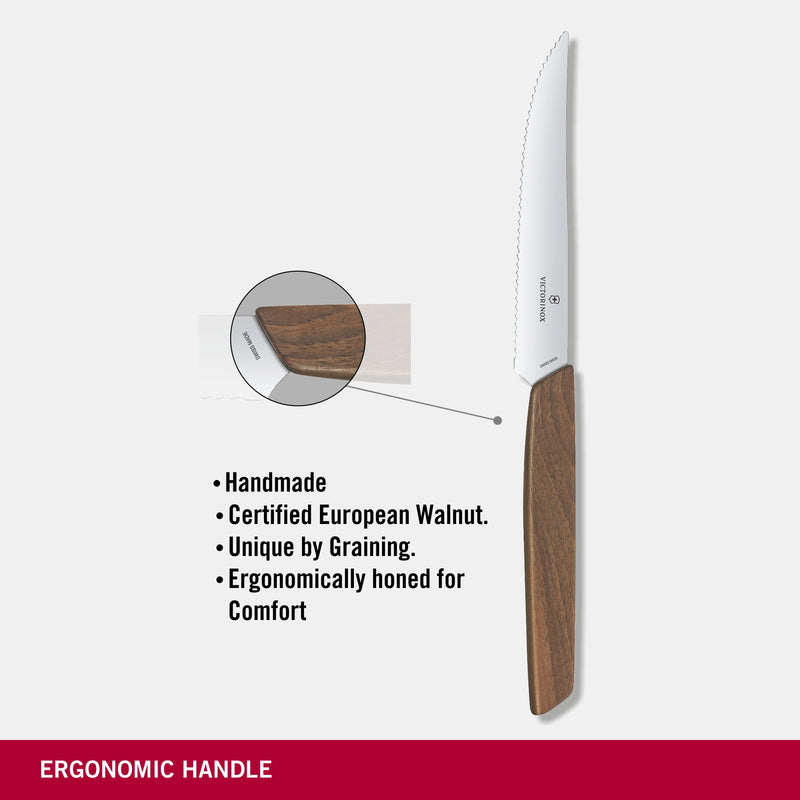Victorinox Swiss Modern Stainless Steel Steak Knife 2 pieces Set Wavy Edge 12 cm Walnut Wood Swiss Made