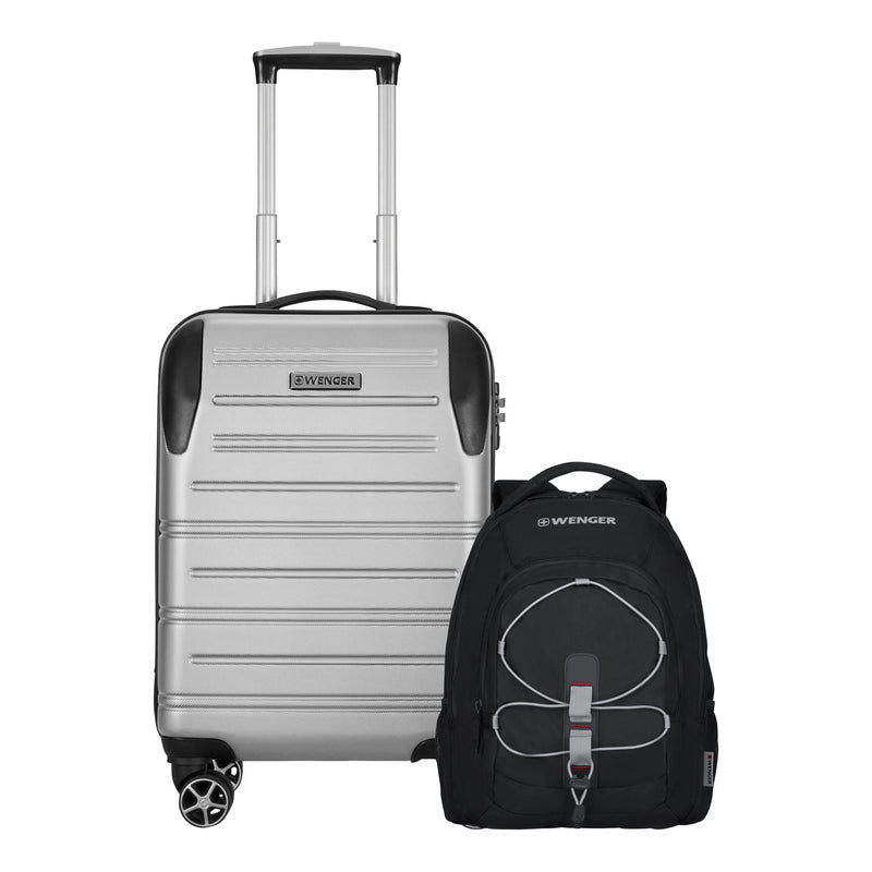 Wenger, 2 pc set Combo Static Pro Cabin Hardside Luggage (55 cm), 8 Wheels, Grey, Mars Backpack (46 cm) Black/ Grey