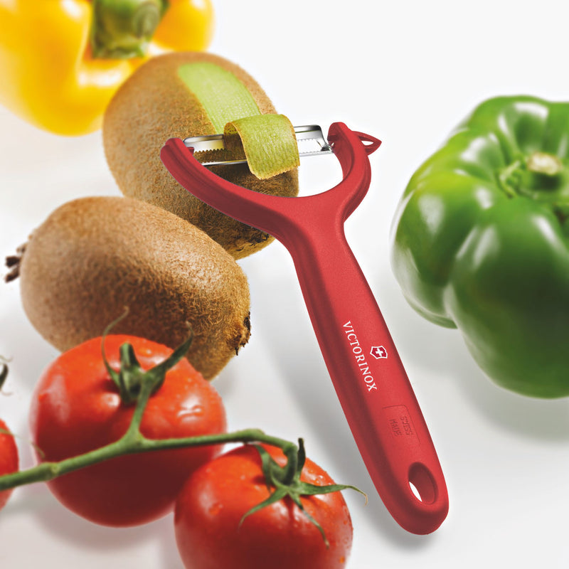 Victorinox Swiss Made, Stainless Steel Multipurpose Peeler, Serrated/Wavy Edge, Kitchen Tools, Kitchen Items, Red, Peel Tomato Kiwi