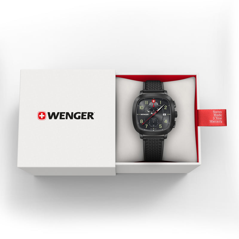 Wenger Vintage Sport Chrono 39.5, BLK, GRY Dial, BLK Silicone Str