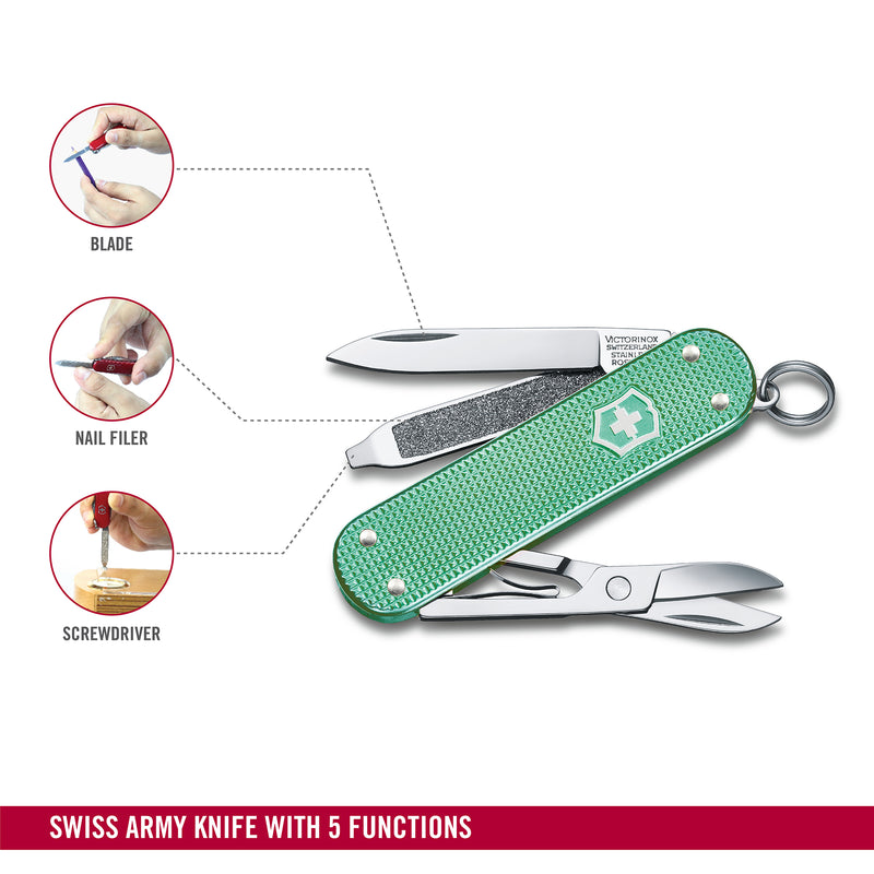Victorinox Swiss Army Knife -SWISS CLASSICS - 5 Function, Multitool with a Pair of Scissors in Alox Scales - Minty Mint, 58 mm