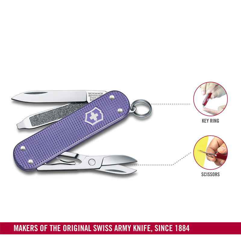 Victorinox Swiss Army Knife - FRESH. STYLISH. COLORFUL SWISS CLASSICS - 5 Function, Multitool with a Pair of Scissors in Alox Scales - Electric Lavender, 58 mm