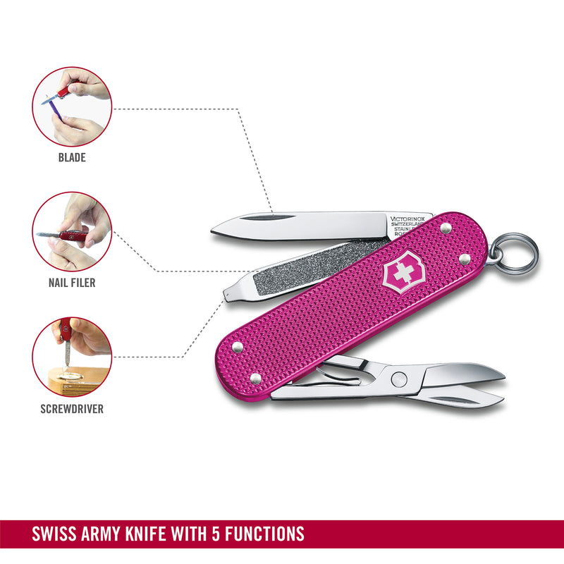 Victorinox Swiss Army Knife -SWISS CLASSICS - 5 Function, Multitool with a Pair of Scissors in Alox Scales - Flamingo Party, 58 mm