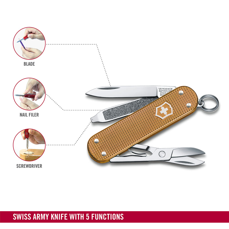 Victorinox Swiss Army Knife -SWISS CLASSICS - 5 Function, Multitool with a Pair of Scissors in Alox Scales - Wet Sand, 58 mm