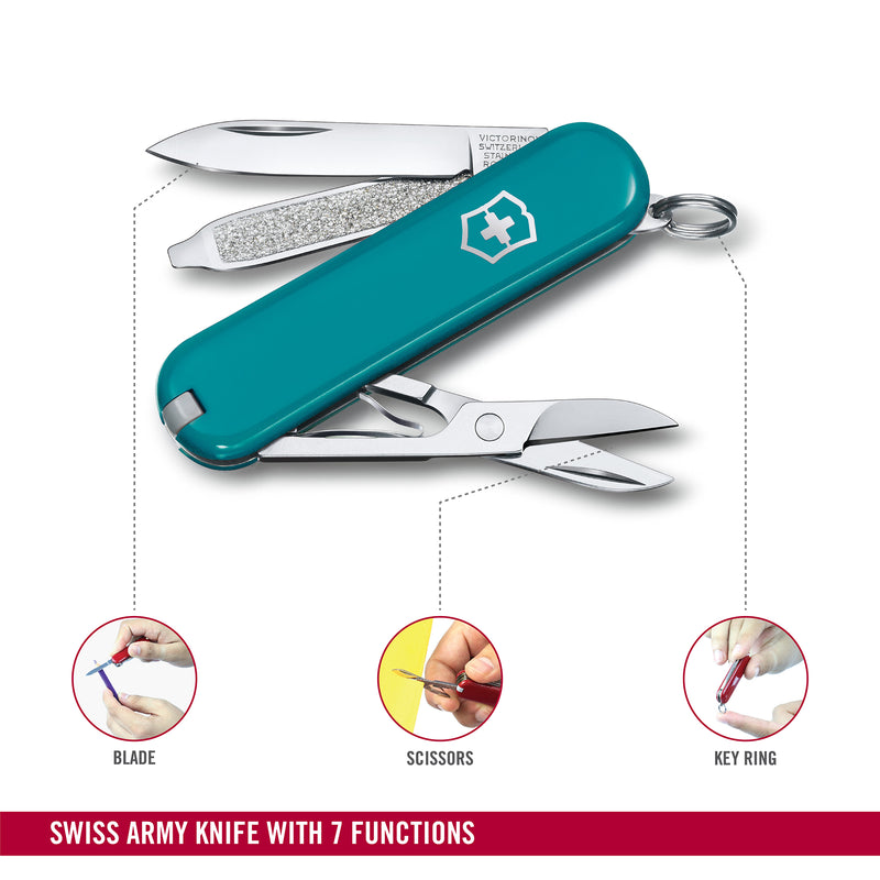 Victorinox Swiss Army Knife - SWISS CLASSICS - 7 Function, Multitool with a Pair of Scissors - Mountain Lake, 58 mm