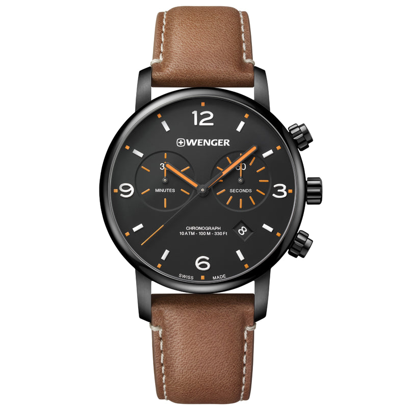 Wenger URBAN METROPOLITAN, Chrono, 44 mm, Men's watch, Black dial, Brown leather strap 01.1743.113