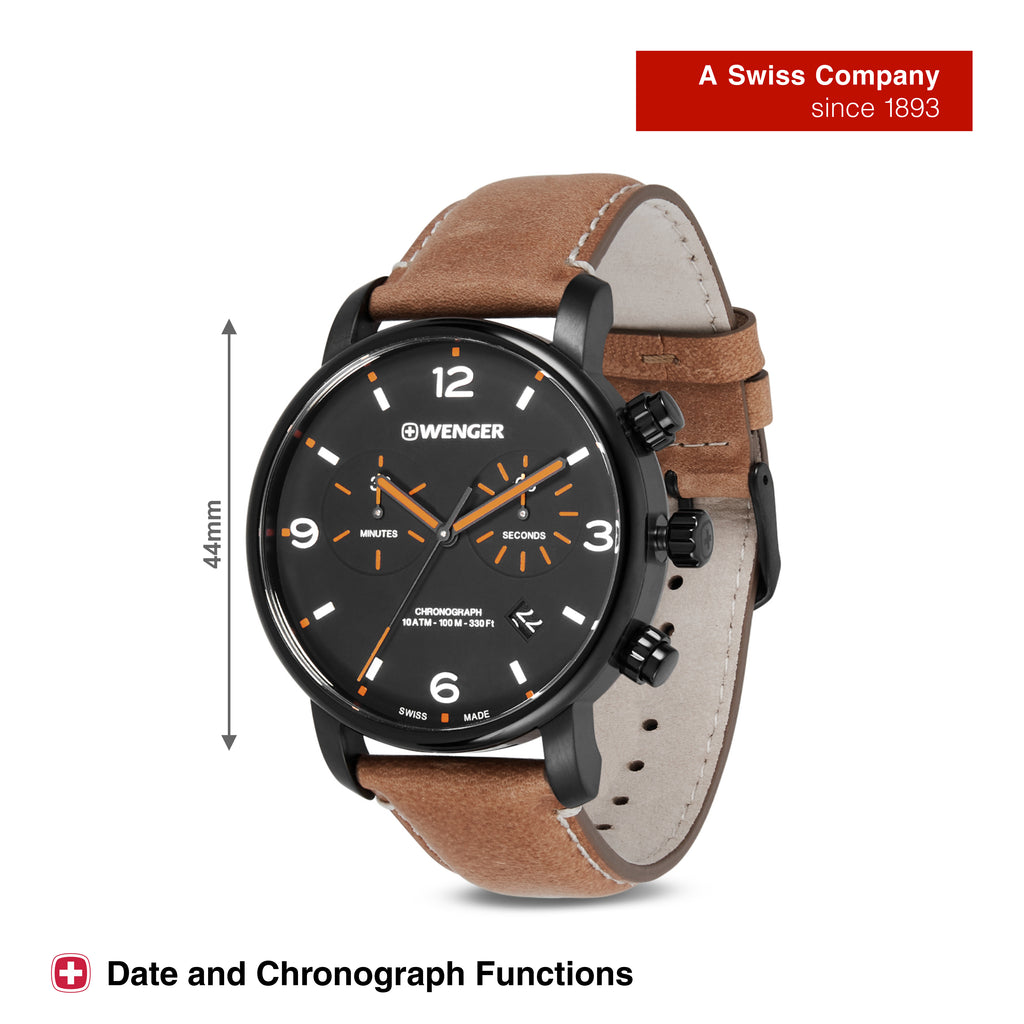 Wenger URBAN METROPOLITAN, Chrono, 44 mm, Men's watch, Black dial, Bro