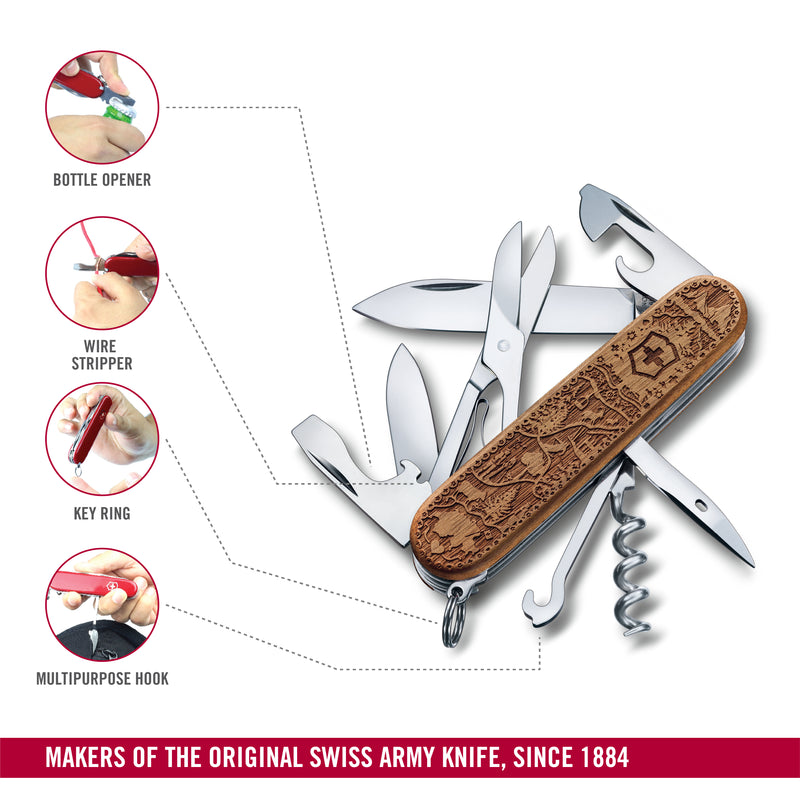 Victorinox Swiss Army Knife - Climber Wood Swiss Spirit Special Edition - 12 Functions - Walnut Wood, 91 mm