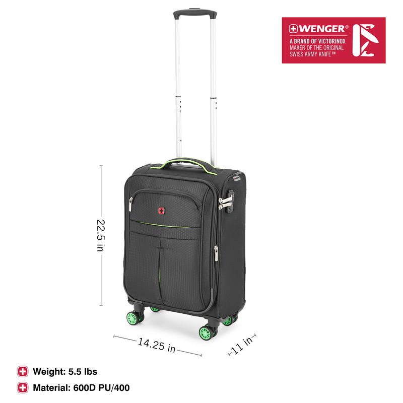 Wenger Fiero-Pro Carry-on Softside Suitcase, 45 Litres, Black/Green, Swiss designed-blend of style & function