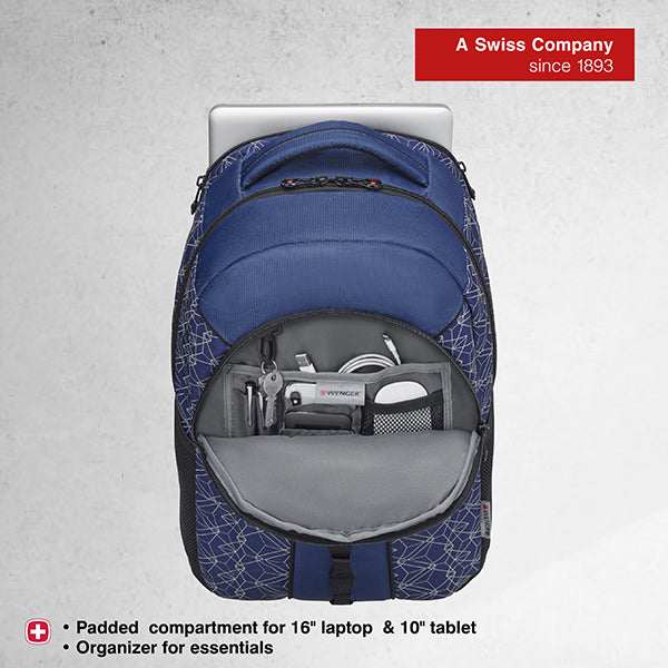 Wenger BTS SUN 14/16" Laptop Backpack, 10" Tablet Pocket in Navy Geo (27 Litres)-Swiss designed
