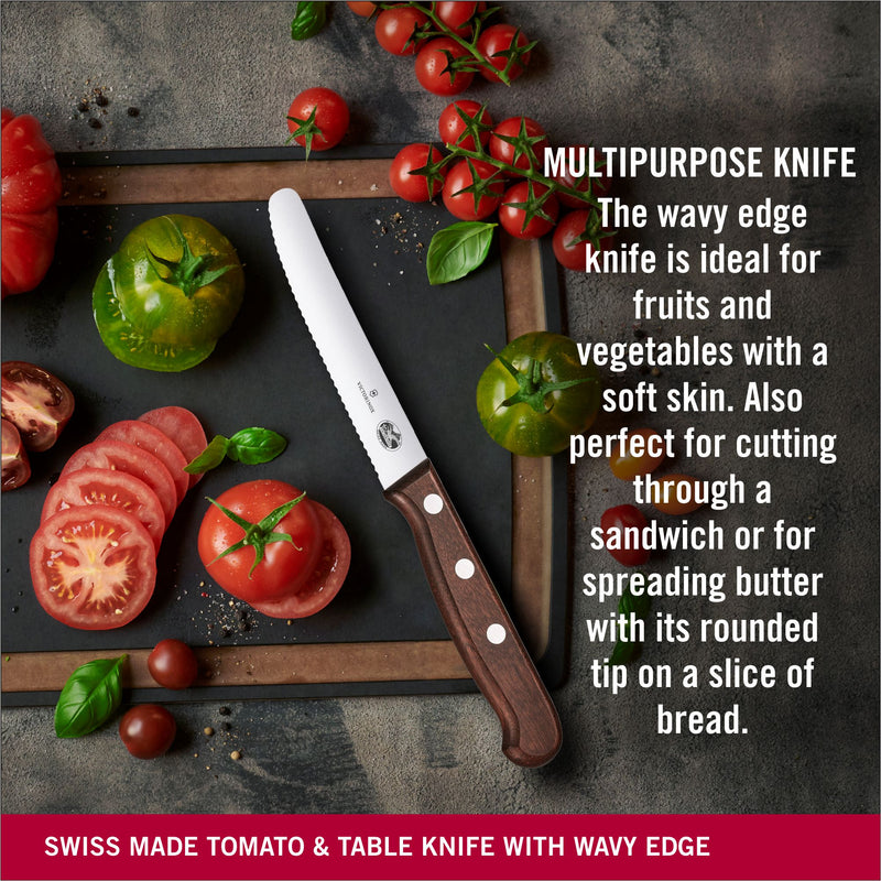 Victorinox Tomato & Table Knife for Vegetable Chopping, Serrated Edge, 11 cm, Maple Wood, Swiss Made