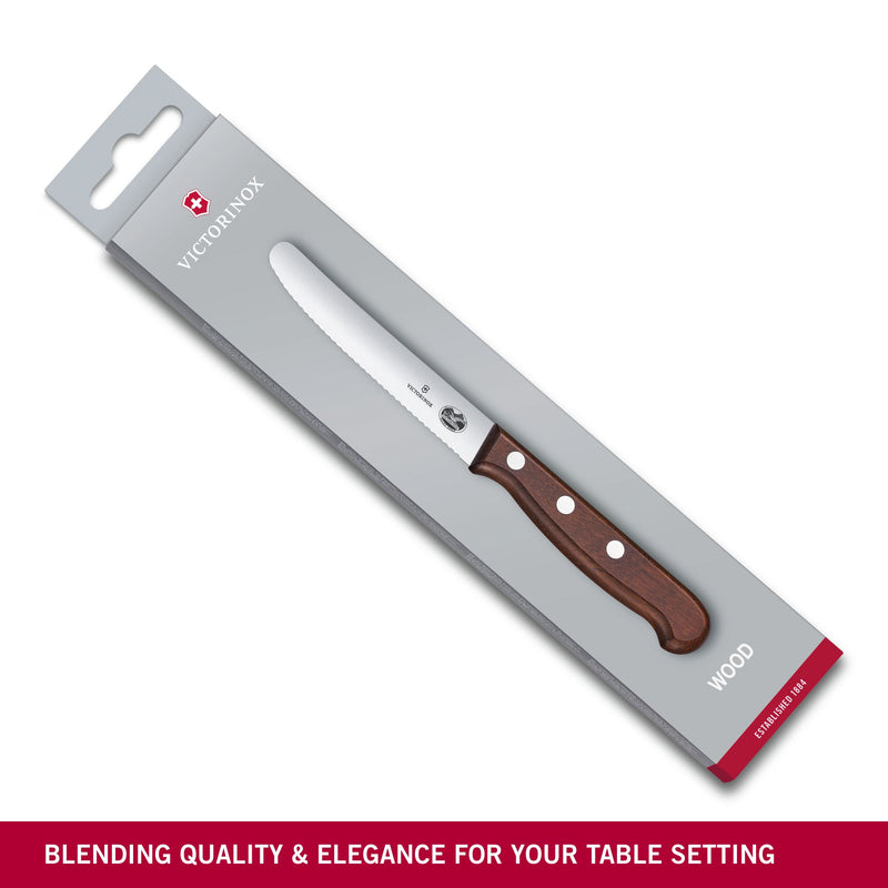 Victorinox Tomato & Table Knife for Vegetable Chopping, Serrated Edge, 11 cm, Maple Wood, Swiss Made