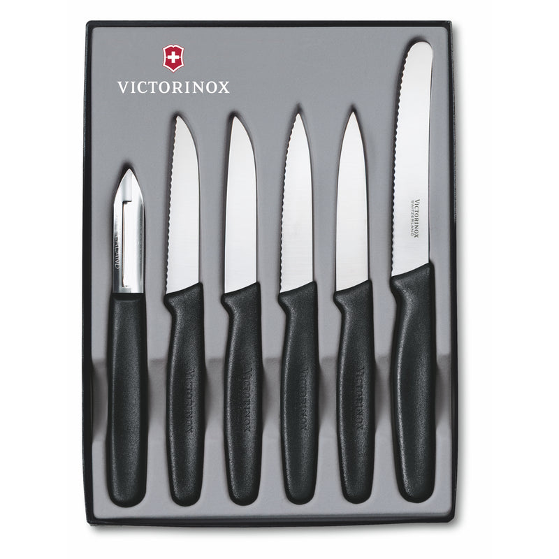 Victorinox "Standard Line" 5 Knives/1 Peeler Set-One 11cm Wavy Edge, Four 8 cm Straight Edge, Black