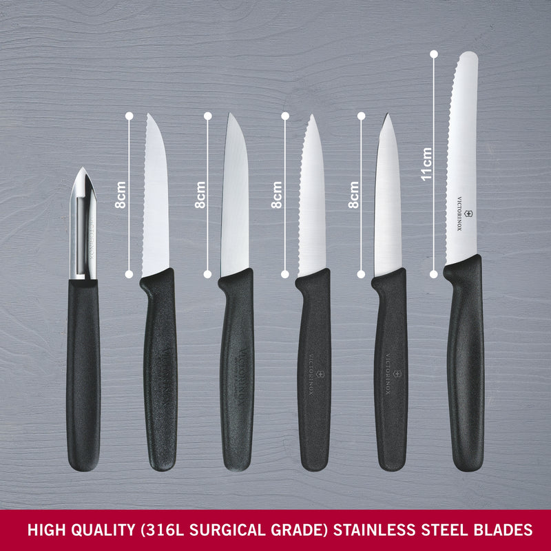 Victorinox "Standard Line" 5 Knives/1 Peeler Set-One 11cm Wavy Edge, Four 8 cm Straight Edge, Black